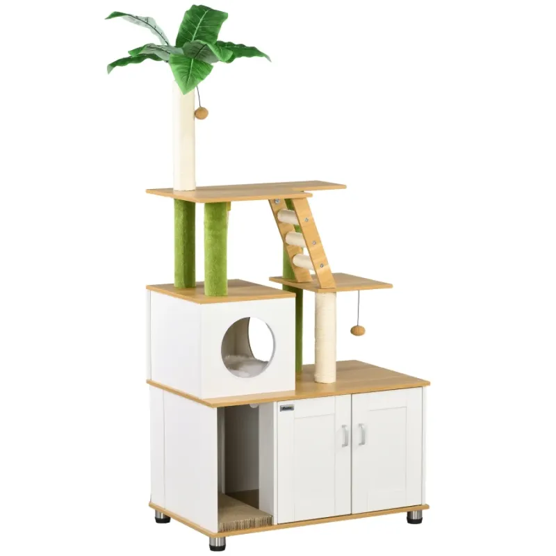 2-in-1 Cat Tree with Hidden Litter Box Enclosure & Green Leaf Design – Oak
