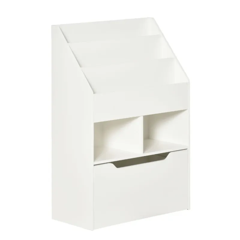 Kids Bookshelf and Toy Organiser with Wheeled Storage Drawer - White