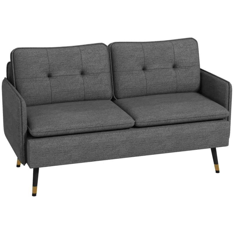 Modern 2 Seater Button Tufted Sofa with Gold Tone Legs - Dark Grey