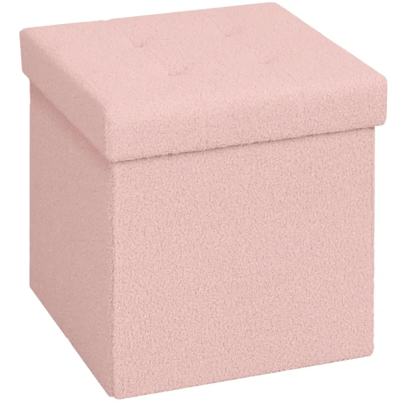 Pink Sherpa Fleece Foldable Storage Ottoman - 38cm Square Footstool