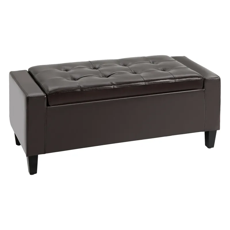 Brown Faux Leather Storage Ottoman Bench with Tufted Top