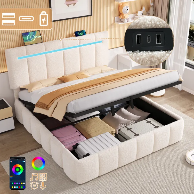 Double Beige Boucle Ottoman Storage Bed with LED Headboard and USB Charging
