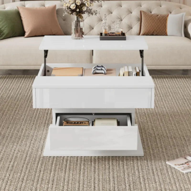 Square Coffee Table, High Gloss White with 360° Rotating Lift-Top and Storage