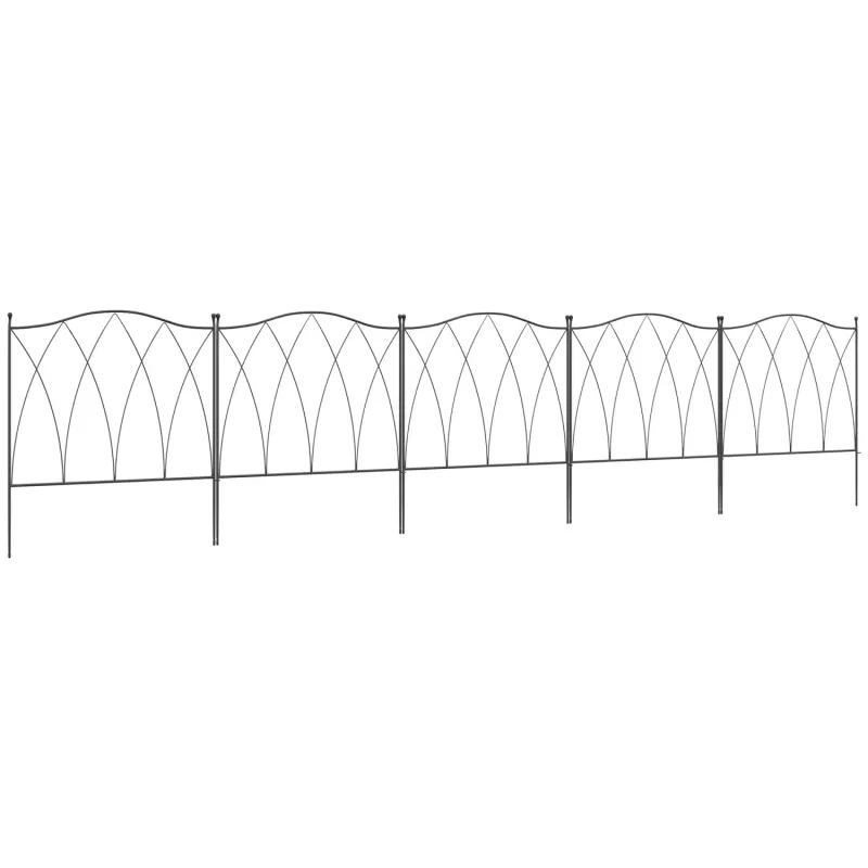 Set of 5 Decorative Metal Garden Border Fence Panels - Black (3.05m)