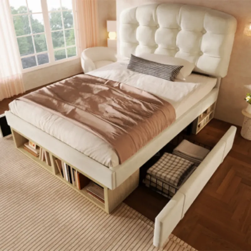 3ft Single Velvet Upholstered Storage Bed with Drawers and Adjustable Headboard - Beige