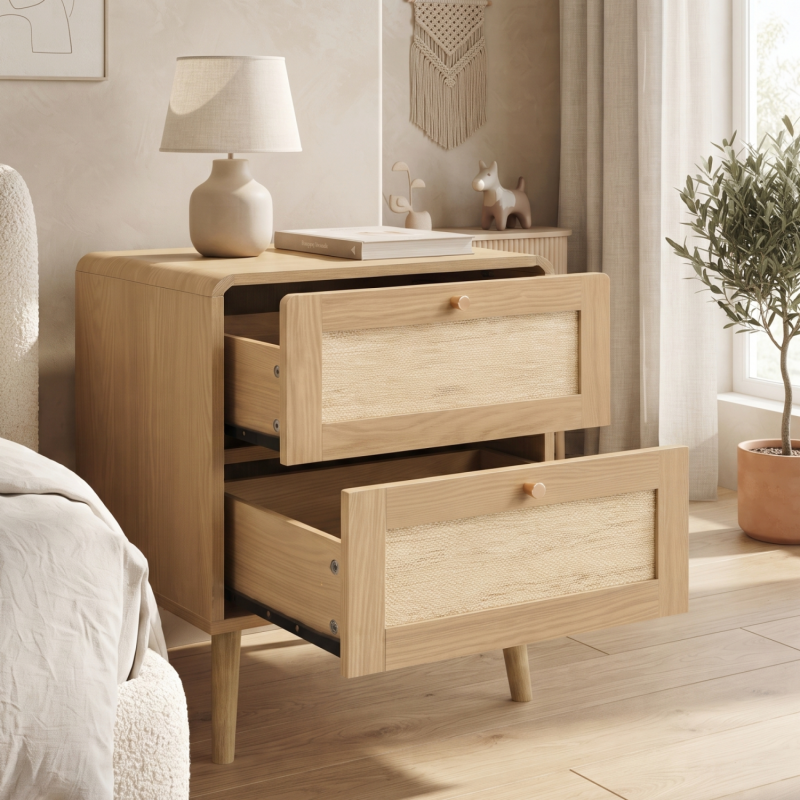 Natural Oak Finish Bedside Table with Rattan Effect Drawers (Set of 2)