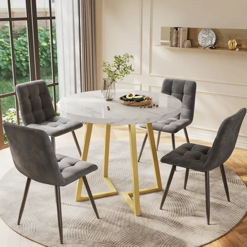80cm Round Marble Effect Dining Table and 4 Dark Grey Velvet Chairs with Gold Legs