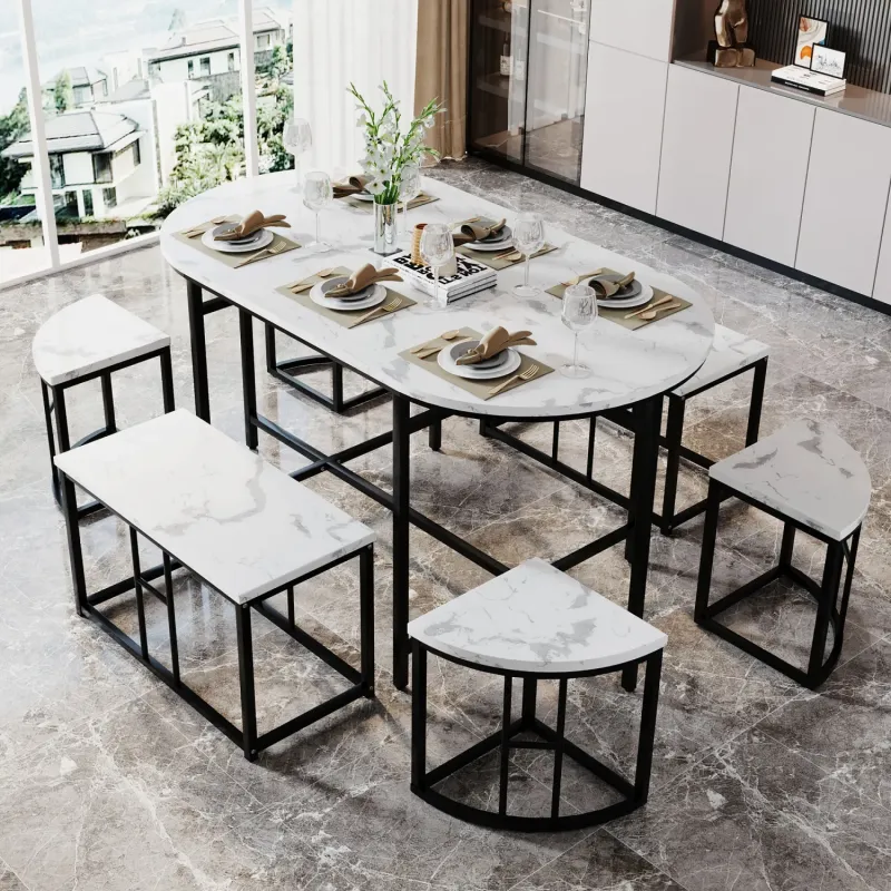 6-Seater Dining Set with White MDF Top and Gold-Plated Frame