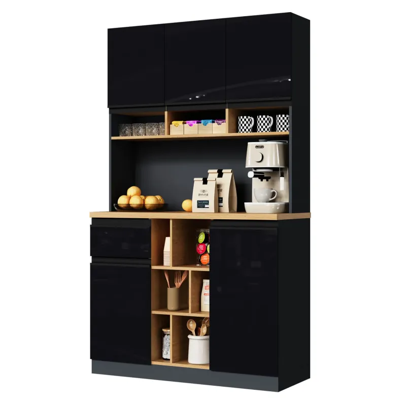 High Gloss Kitchen Larder Cupboard with Drawers and Open Storage, 185cm High