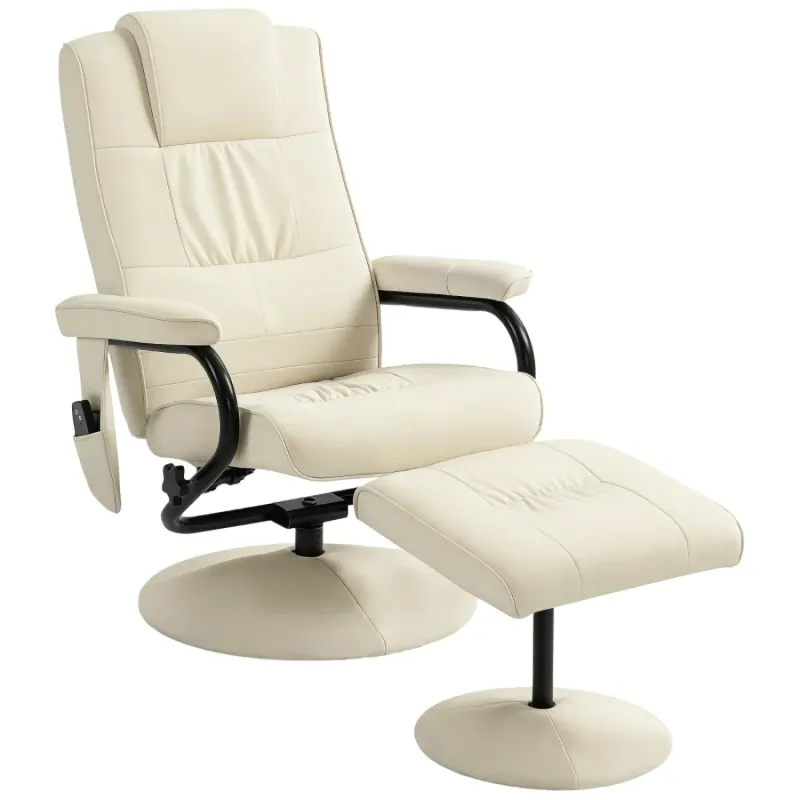 Massage Swivel Recliner Chair and Footstool - Cream White Faux Leather