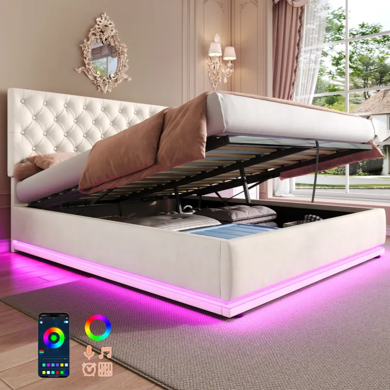 Beige Velvet Double Ottoman Bed with RGB LED Lighting and Tufted Headboard