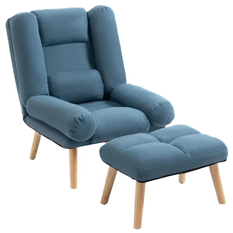 Reclining Armchair with Footstool, in Blue, with 3-Position Backrest and Wooden Legs