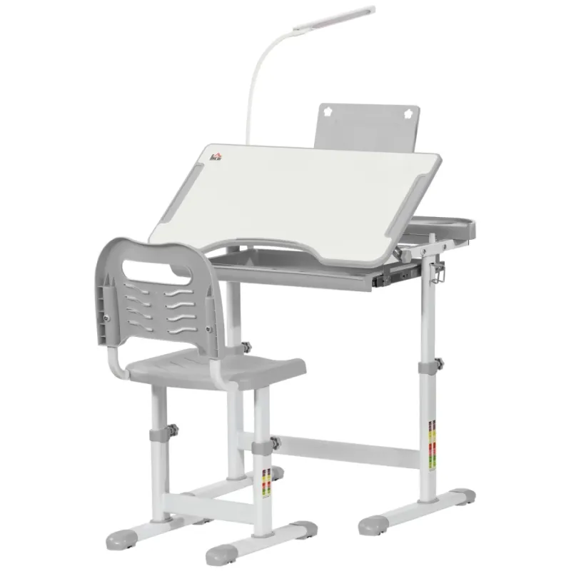 Kids Adjustable Height Study Desk and Chair Set with USB Lamp, Grey