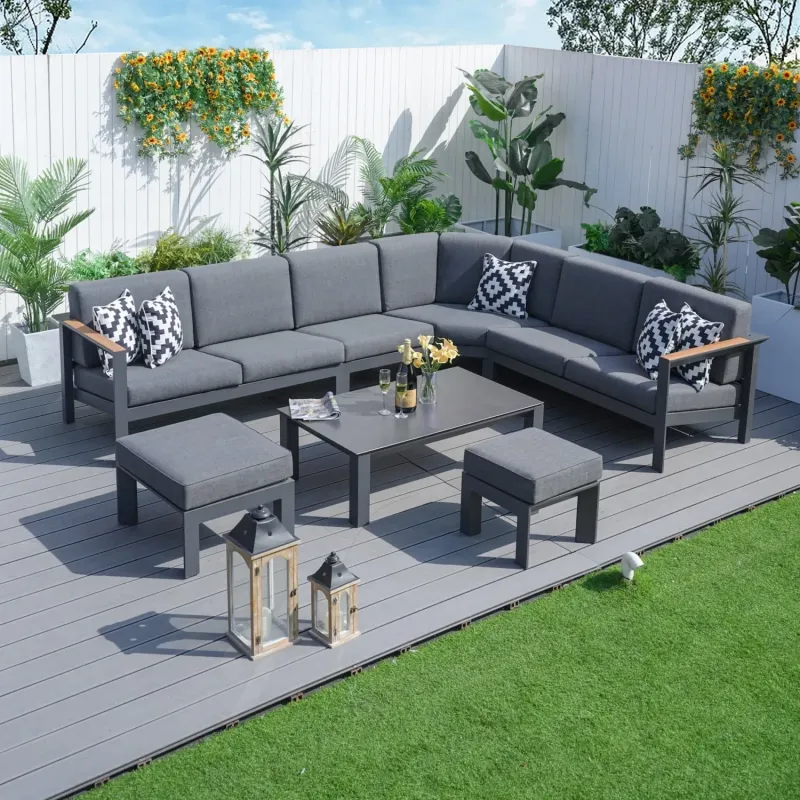 Arve 5-Seater Modular Aluminium Garden Corner Sofa Set with Teak Armrests