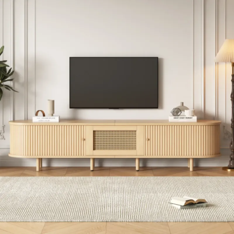 Wood Effect and Rattan TV Unit, 180cm, in Light Wood, with Oval Top and Sliding Doors