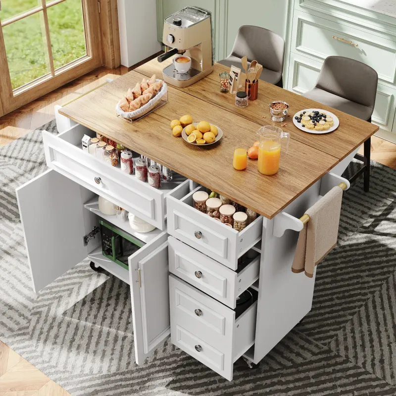 Kitchen Island with Folding Tabletop and Storage - White