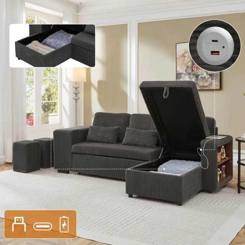Corduroy Sofa Bed, 3-Seater L-Shaped, in Grey, with USB Charging and Storage