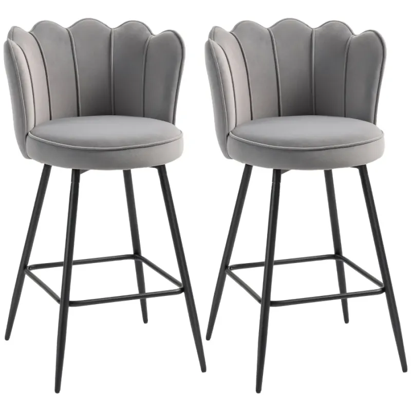 Set of 2 Lotus Scalloped Velvet Bar Stools - Grey