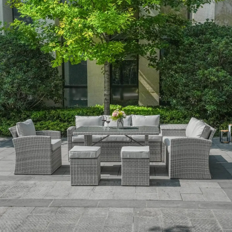 8 Seater Rattan Garden Sofa Dining Set with Side Storage Box - Whitewash