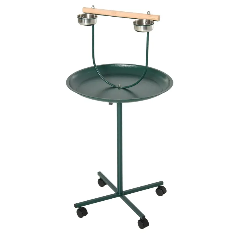 Mobile Bird Perch Stand with Tray and Feeding Bowls, Green