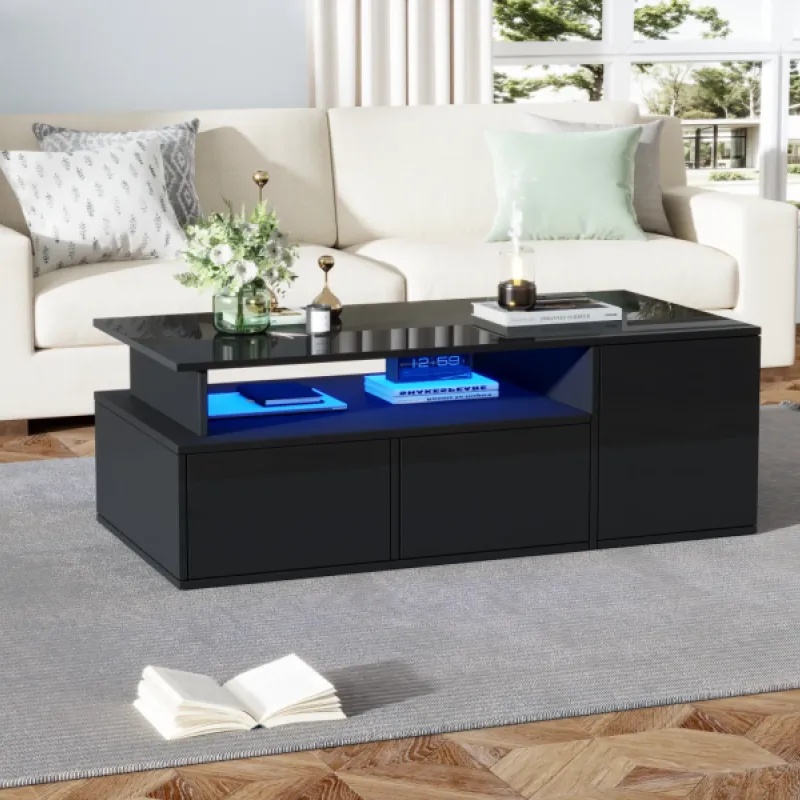 Black High Gloss Coffee Table with App-Controlled LED Lights & 2 Drawers