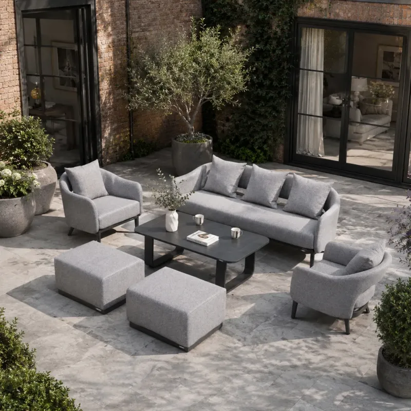 Velora Aluminium 5 Seater Outdoor Lounge Set with Talara Coffee Table and Varel Ottomans