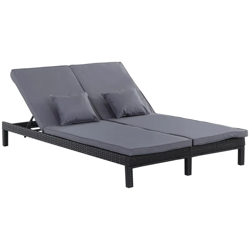  2-Seater Rattan Garden Lounger, Adjustable Double Sun Bed with Cushions - Black
