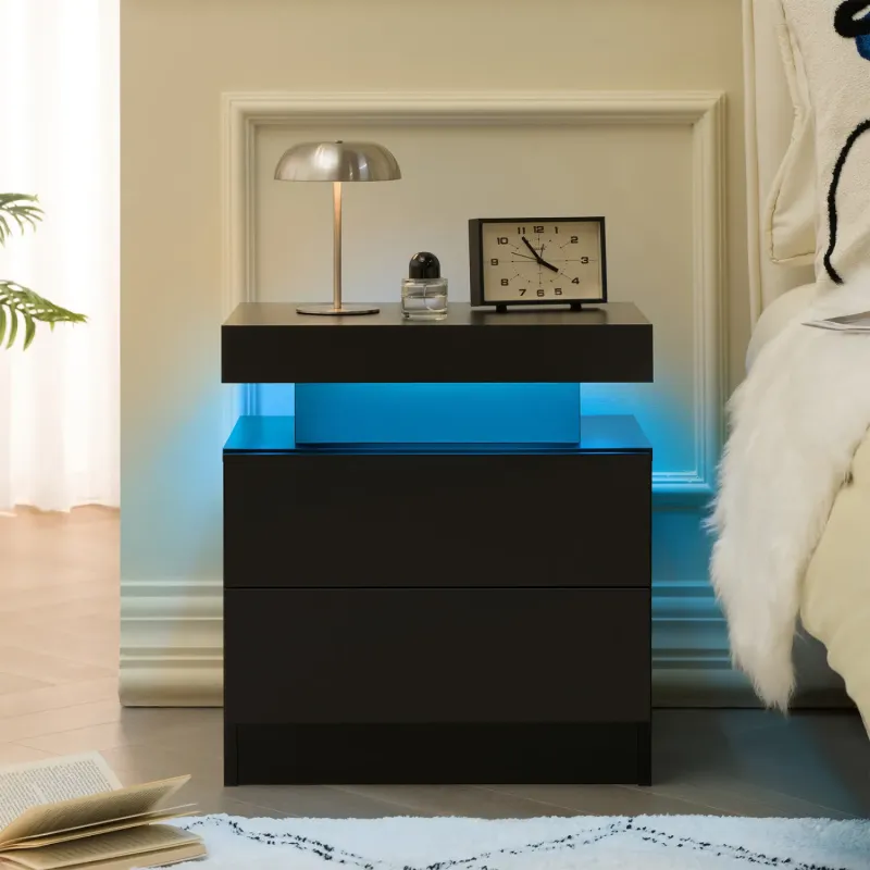 Modern Black Bedside Table with Multi-Colour LED Lighting and 2 Drawers