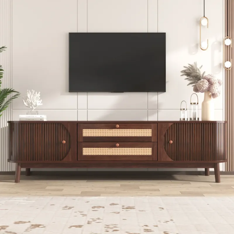 170cm Walnut TV Stand with Solid Wood Doors and Rattan Effect Drawers