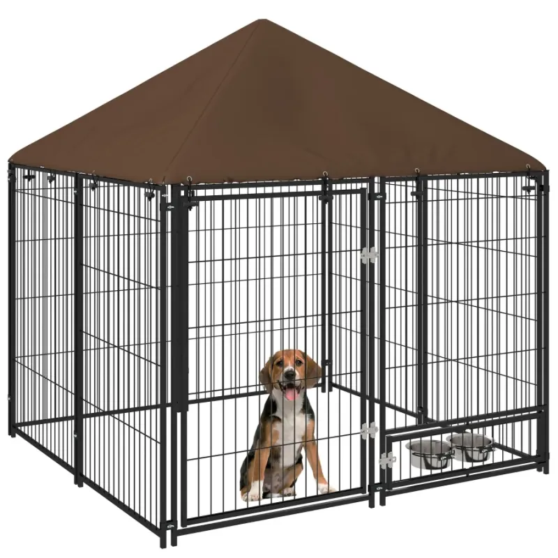 Outdoor Dog Kennel with Canopy and Rotating Bowls - 141 x 141cm