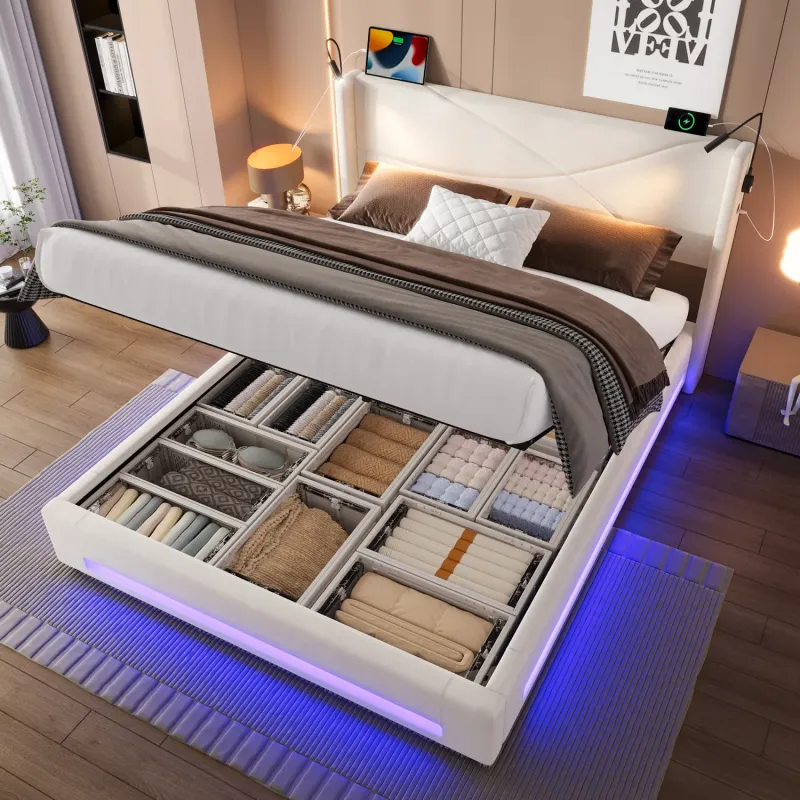 Modern Velvet King Size Ottoman Bed with Reading Lights & USB, Beige