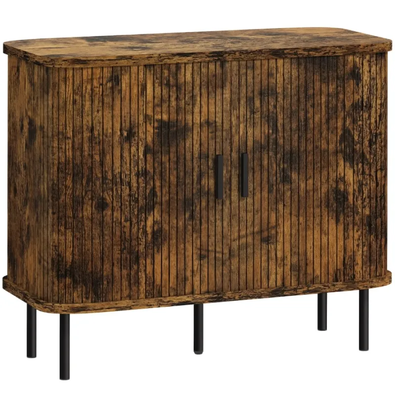 90cm Mid-Century Modern Sideboard with Slatted Tambour Sliding Doors - Oak Tone & Black