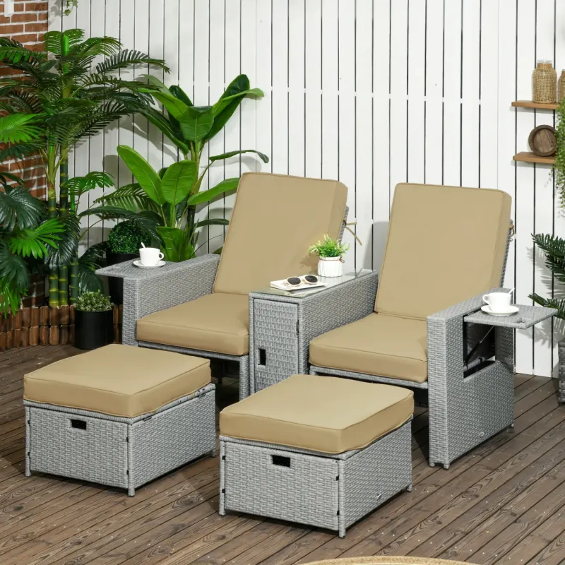  5-Piece Rattan Sun Lounger Set with Adjustable Backrests and Storage Footstools - Beige