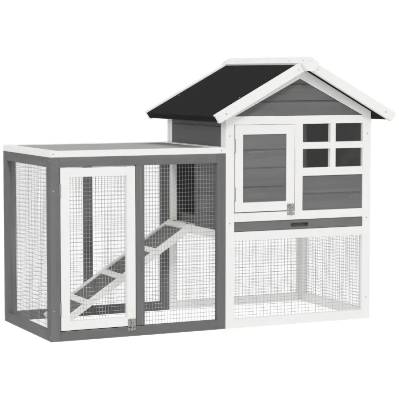 Two-Story Wooden Rabbit Hutch with Run - Grey, 122cm