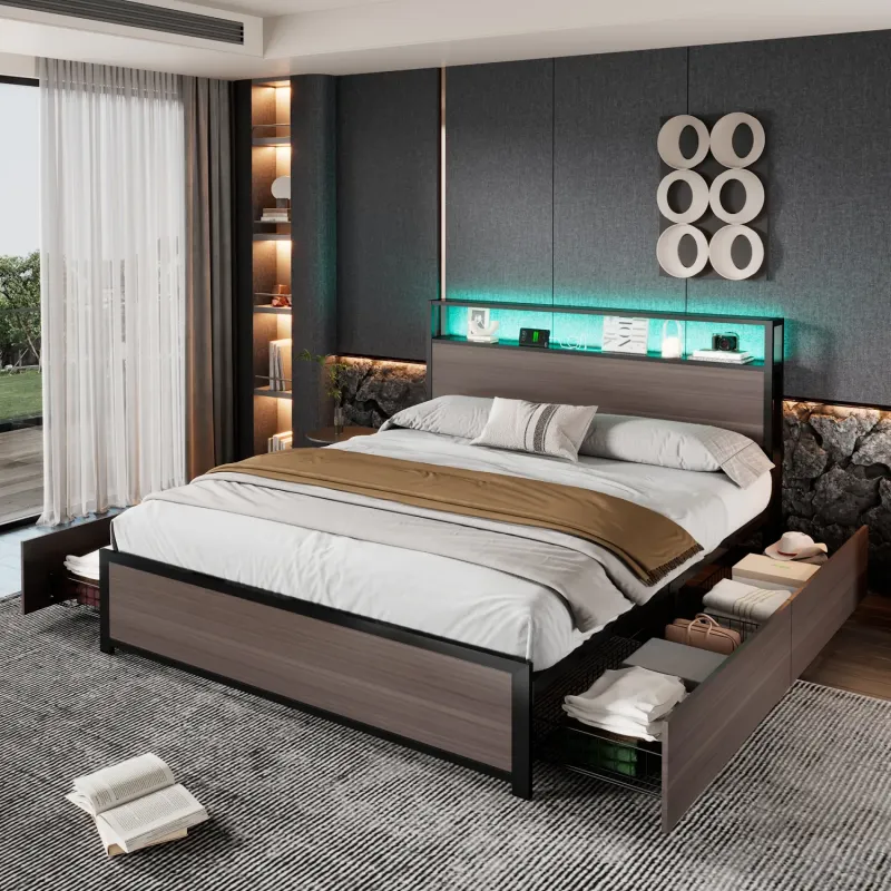 Grey Metal 4ft6 Double Bed Frame with LED Headboard, 4 Drawers and USB Charging