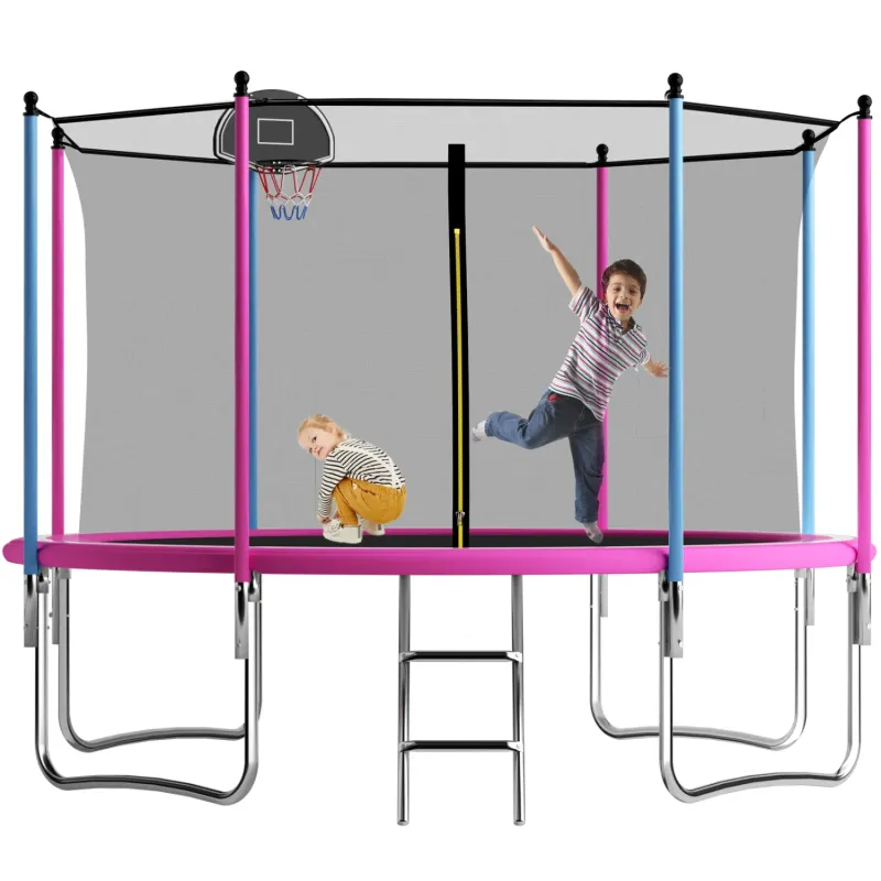 12ft Garden Trampoline with Safety Net, Basketball Hoop & Ladder