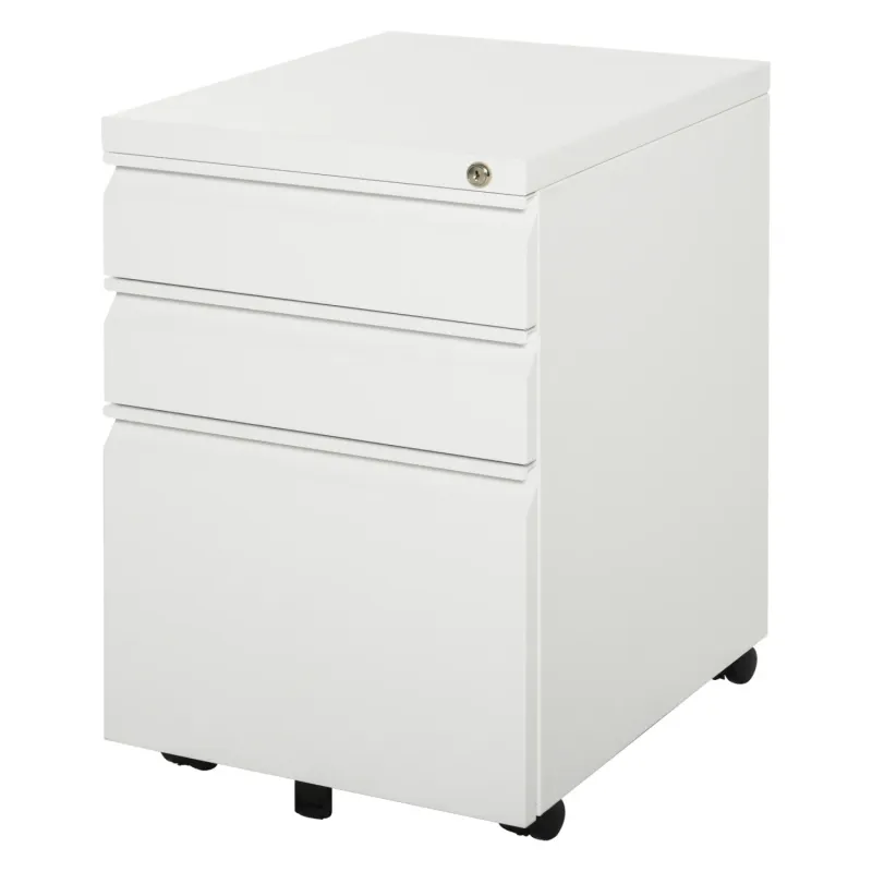 3 Drawer Mobile Steel Filing Cabinet with Lock - White