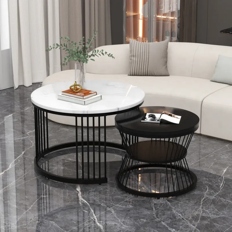 Set of 2 Round Nesting Coffee Tables – Marble Effect with Black Metal Frame