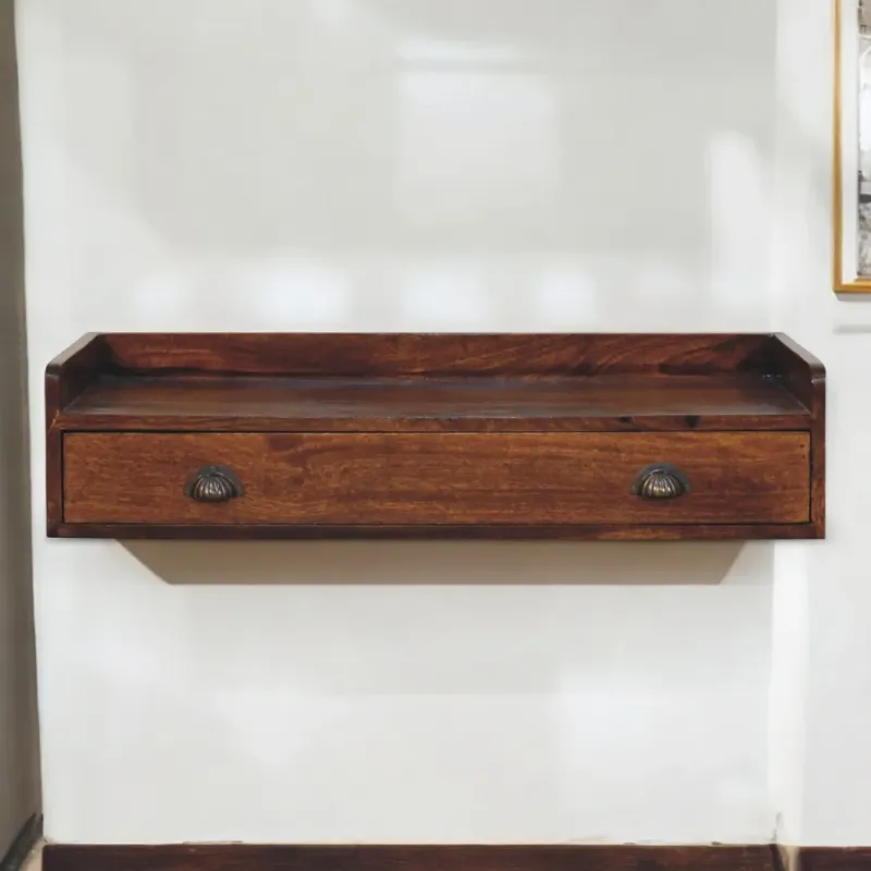 Belmont Wall-Mounted Solid Mango Wood Console Shelf with Drawer - Chestnut Finish