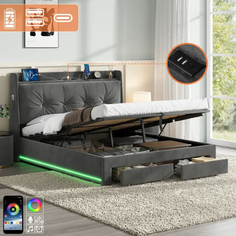 Grey Velvet Double Ottoman Bed Frame with Hydraulic Storage, Drawers and Charging Station