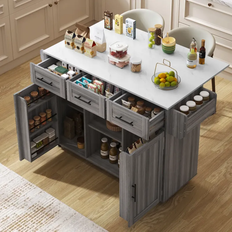 139cm Kitchen Island with Foldable Marble-Effect Countertop and Interchangeable Feet - White