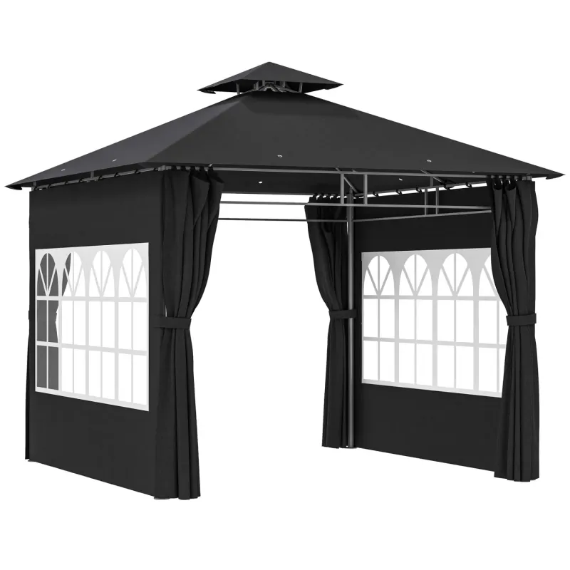  3m x 3m Double Roof Garden Gazebo with Church Windows & Removable Sidewalls - Black