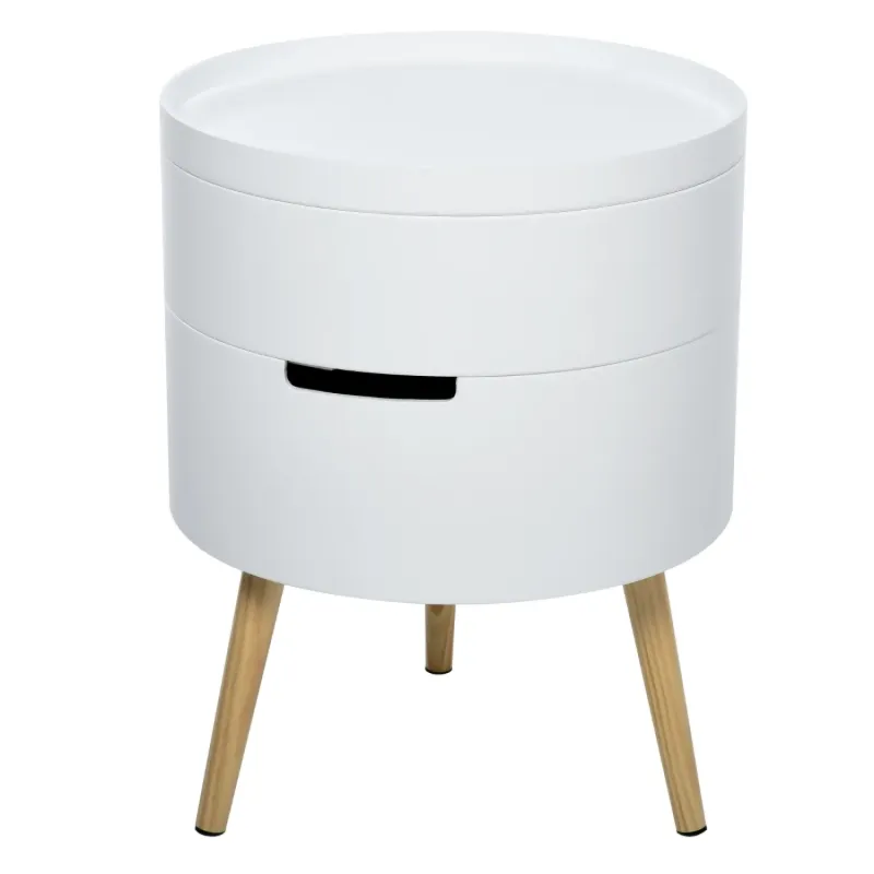 White Painted Round Side Table, 38cm, in White, with Storage Compartments and Detachable Tray
