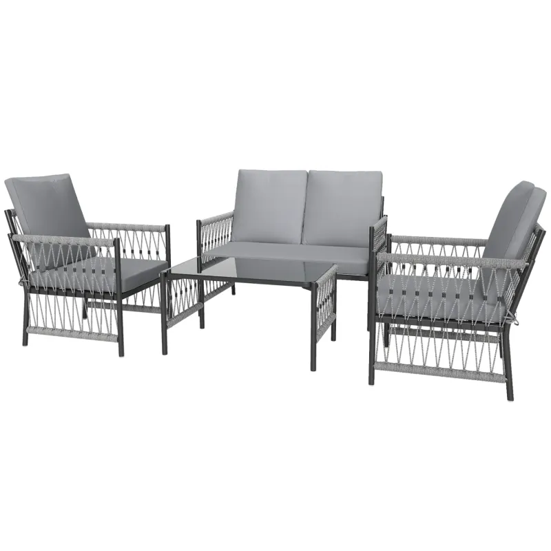  4-Seater Rattan Garden Furniture Set with Cushions and Tempered Glass Coffee Table - Grey