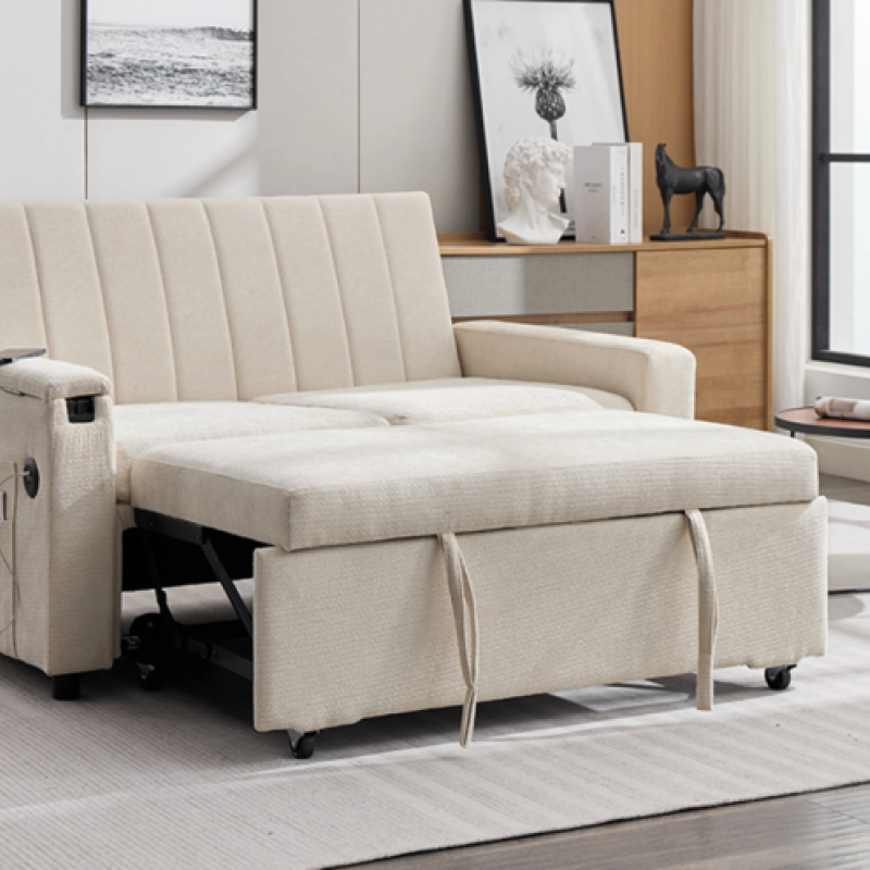 2-Seater Pull-Out Sofa Bed, Double, in Beige, with USB Charging and Side Table