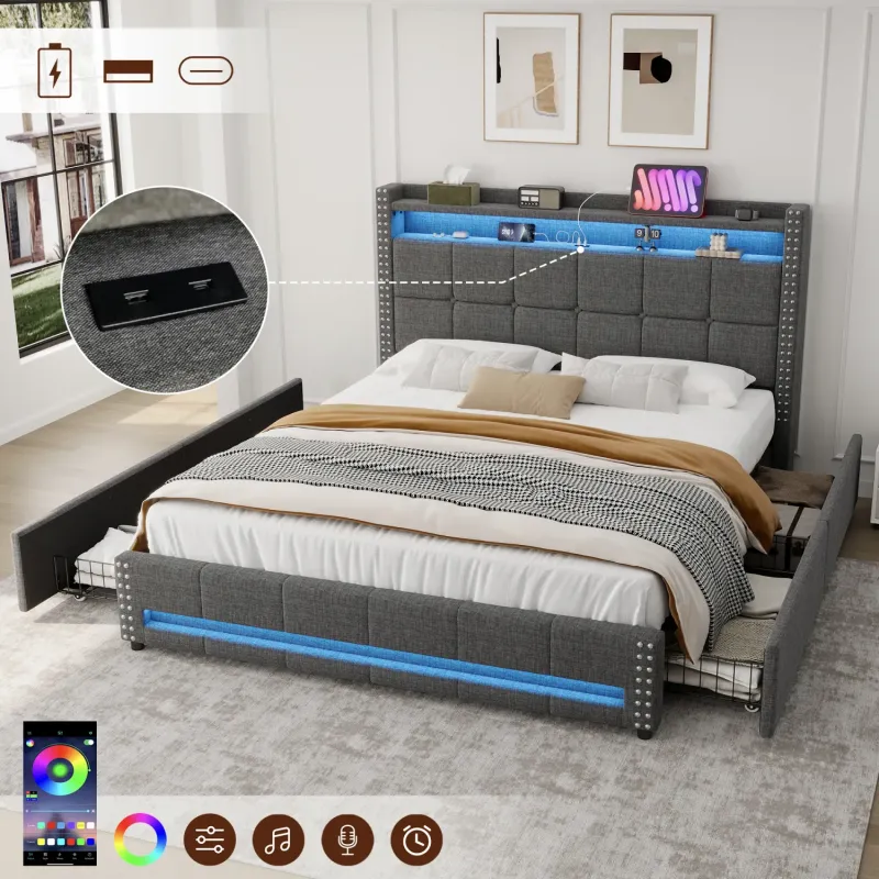 Double Grey Linen Upholstered Storage Bed with LED Headboard and USB Charging Station