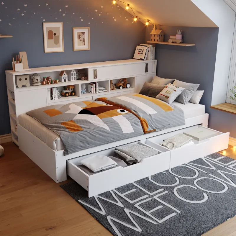 Multifunctional 4ft6 Double Storage Daybed with Shelving and Drawers - White