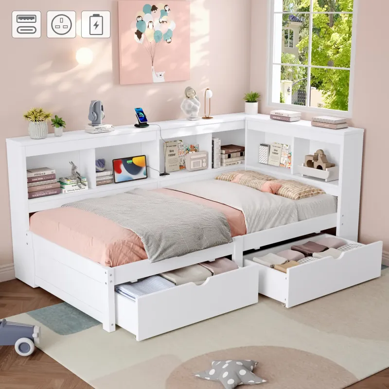 3ft Single White L-Shape Daybed with Storage Drawers and Charging Station