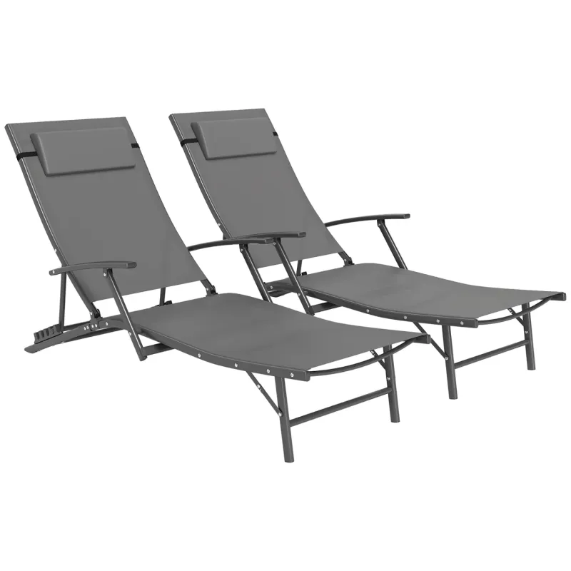 Set of Two Reclining Garden Sun Loungers - Grey