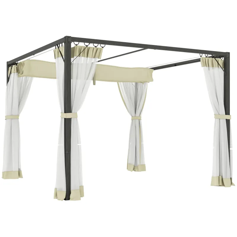  3m x 3m Aluminium Garden Pergola with Retractable Canopy and Mesh Curtains - Khaki